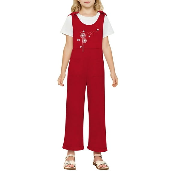 Weebloom Girls Overalls Outdoor Casual School With Round Neck Design Ages 5-14 Comfortable and Stylish With Pockets Girls Jumpsuit Red 5-6 Years