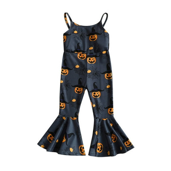 Weebloom Girls Rompers Halloween Kids Ribbed Jumpsuit Pants Pumpkin Sleeveless Strap Flare Pants Bell Bottom Playsuit Lovely Overalls,Grey