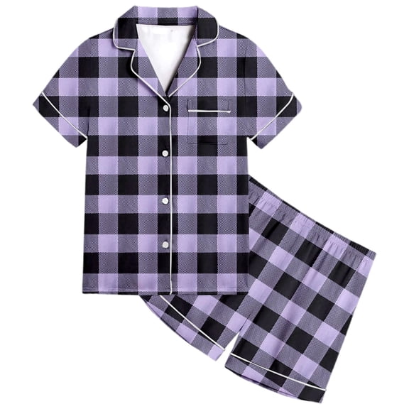 Weebloom Girls Sleepwear Boys Pattern Printed Short Sleeve Button Down Shorts Set Outfits Pj'S Pajama Light Purple 6-7 Years