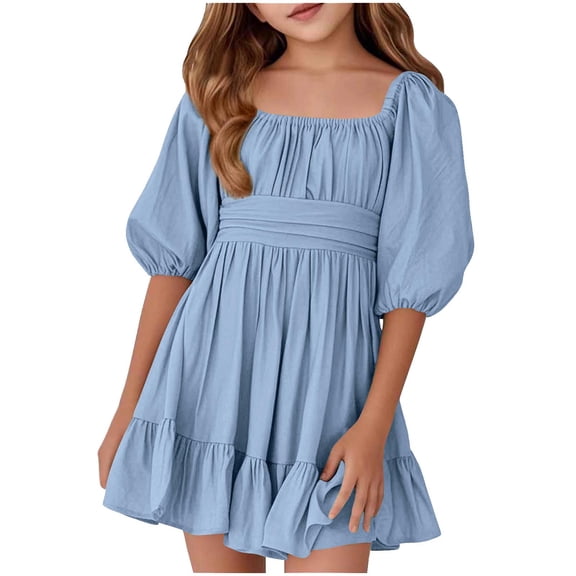 Weebloom Girls Spring Dresses,Casual Floral Square Neck Ruffle Sash Tie Waist Short Sleeve Party Playground School Outfit Kids 5-14 Toddler Baby Girl Dresses,7-8 Years