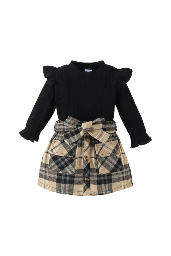 Weebloom Girls Spring Outfits 2 Piece Outfit Long Sleeve Striped Top Plaid Skirt Autumn Fall Casual Matching Toddler Little Kid Youth Tween Teen Clothes Set Black 6-12 Months