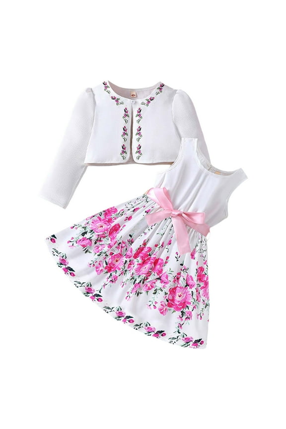 Weebloom Girls Spring Outfits Floral Dress Summer Toddler Two Piece Outfit With Cardigan Floral Print Dress Clothes Set Pink 3-4 Years