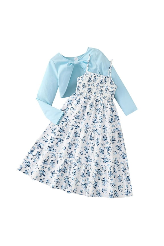 Weebloom Girls Spring Outfits Floral Print Dress Two Piece With Long Sleeve Cardigan Fall Casual Party Clothes Set Blue 10-11 Years