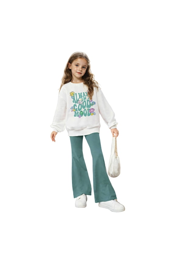 Weebloom Girls Spring Outfits Floral Slogan Print Drop Shoulder Sweater With Flared Pants Two Piece Outfit Cute Casual Ensemble Clothes Set White 9-10 Years