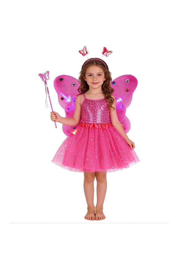 Weebloom Girls Spring Outfits Glowing Fairy With Light Up Wand Floral Four Piece Dress Up Play Clothes Set Pink 3-10 Years