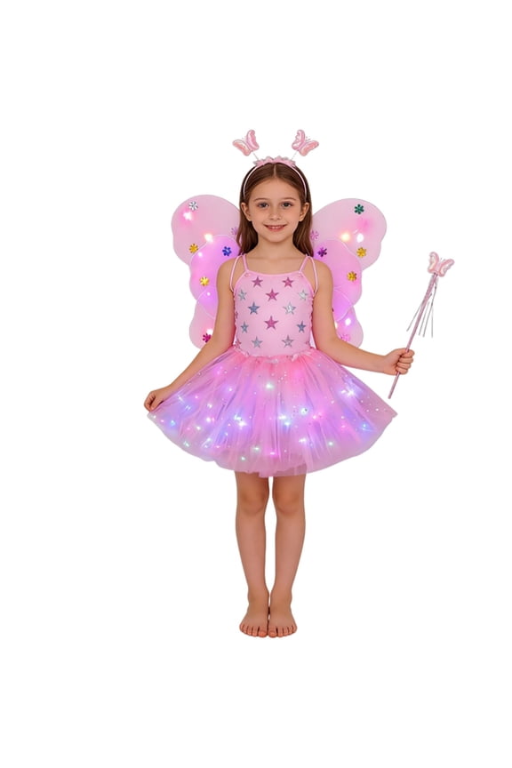 Weebloom Girls Spring Outfits Glowing Fairy With Light Up Wand Floral Four Piece Dress Up Play Clothes Set Pink 3-10 Years