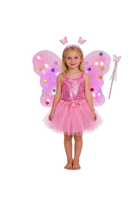 Weebloom Girls Spring Outfits Glowing Fairy With Light Up Wand Floral Four Piece Dress Up Play Clothes Set Pink 3-10 Years