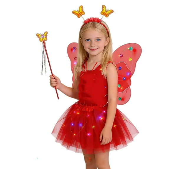 Weebloom Girls Spring Outfits Glowing Fairy With Light Up Wand Floral Four Piece Dress Up Play Clothes Set Red 3-10 Years