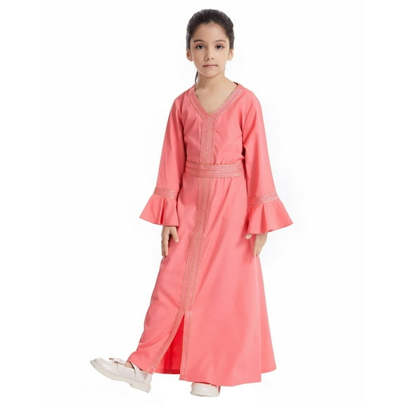 Weebloom Girls Spring Outfits Kids Long Sleeve Kaftan Maxi Prayer Dresses Abaya Clothes Set Watermelon Red 7-8 Years