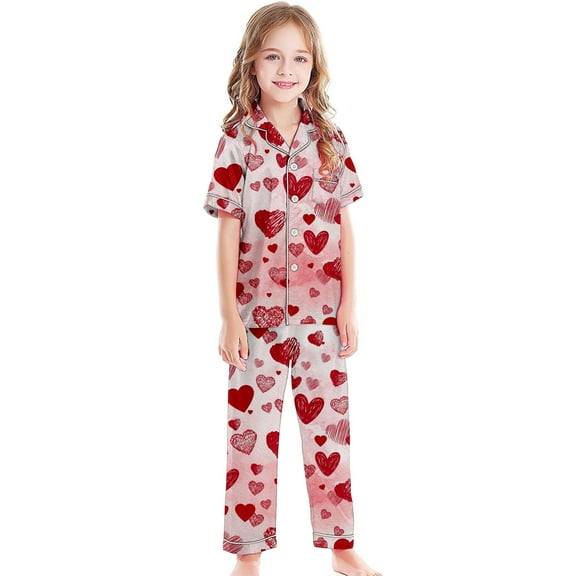 Weebloom Girls Spring Outfits Kids Silk Like Printed Pajama Casual Loungewear Comfortable Sleepwear Toddler To Teen Age 3 13 Summer Loose Fit Elastic Waist Clothes Set Watermelon Red 12-13 Years