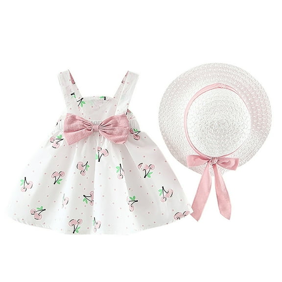 Weebloom Girls Spring Outfits Sleeveless Princess Dresses Hat Baby Dot Kids Toddler Bow Set Clothes Set Pink 12-18 Months