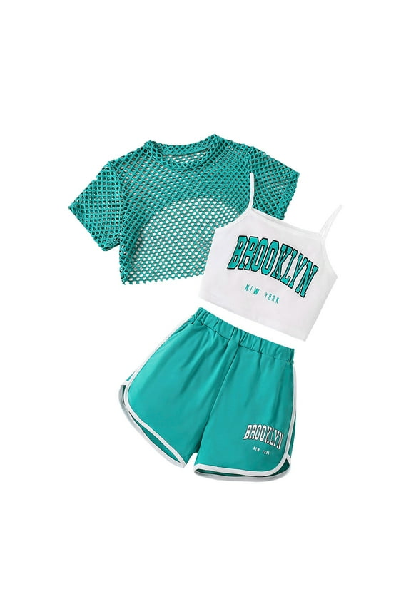 Weebloom Girls Spring Outfits Summer 3 Piece Casual Loose Fit Sleeveless Top Shorts Combo Outdoor Activities Age 8-14 Comfortable Breathable Playwear Clothes Set Green 9-10 Years