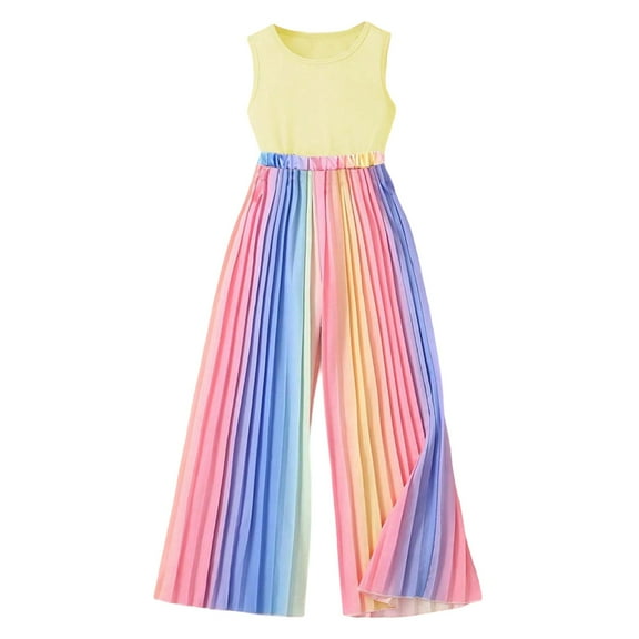 Weebloom Girls Spring Outfits Summer Outfit Pure Color Tank Top With Rainbow Gradient Loose Pants Outdoor Activities Age 7 12 Clothes Set Yellow 9-10 Years
