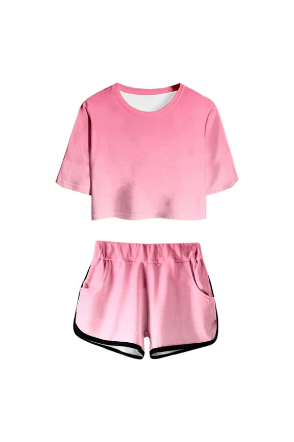 Weebloom Girls Spring Outfits Summer Print Short Sleeve Top Shorts Cute Round Neck Pocket Casual Outfit Teens Juniors Lightweight Comfortable Clothes Set Pink 11-12 Years