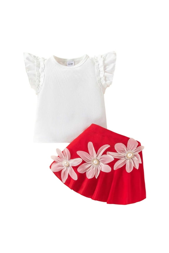 Weebloom Girls Spring Outfits Toddler Sweet Round Neck Flutter Sleeve 3D Floral Two Piece Summer Outfit Set Clothes Set White 12-18 Months