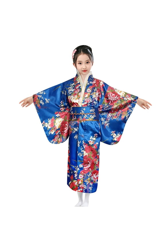 Weebloom Girls Spring Outfits Traditional Dress Kimono Robe Kids Yukata Kimono Anime Robe Clothes Set Blue 6-7 Years