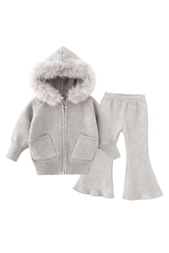 Weebloom Girls Spring Outfits Winter Outfit Cozy Hooded Cardigan Relaxed Fit Two Pocket Knit Sweater Casual Loungewear Clothes Set Grey