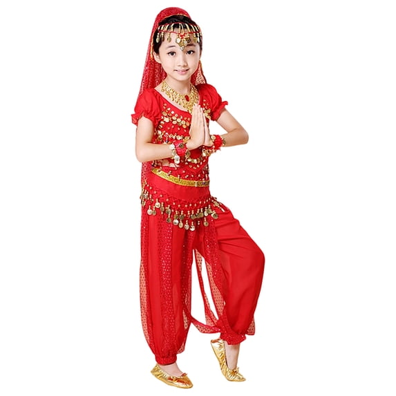 Weebloom Girls Summer Outfits Dance Performance Outfit Belly Dance Ethnic Practice Dress Children Folk Dance Wear Design Girl Clothes Set Size 7-8 Years Red