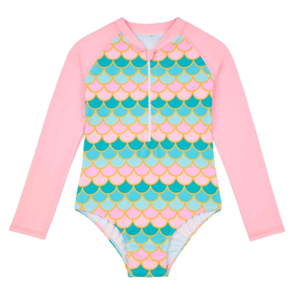 Weebloom Girls Swimsuit Kids Long Sleeve Scales Design Swimming Bathing Suits Girl Swimwear For Beach Pool 10-12 Years
