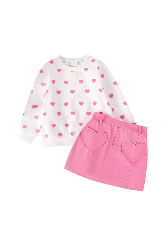Weebloom Girls Valentines Outfit Fashion Trend Heart Print Sweater + Skirt Two Piece Set For Valentine'S Day Pink 5-6 Years