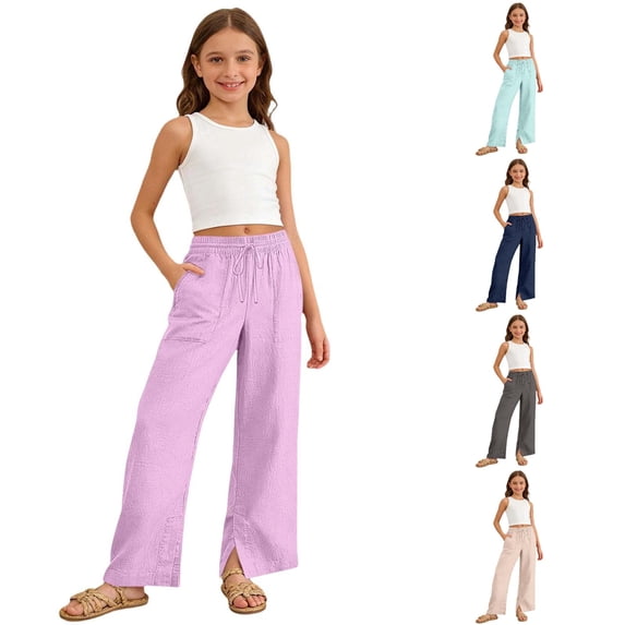 Weebloom Girls Wide Leg Pants Uniform Dress Pants Cotton Linen Solid Color Casual Soft Comfort Fit Pants For Kids With Pockets Purple 9-10 Years