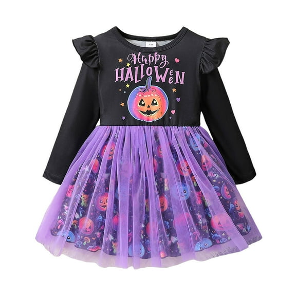 Weebloom Halloween Baby Girl Outfit Girls Outfits Toddler Dress Set Cute Cartoon Print Mesh Tutu Dress With Pumpkin Sleeve Top Party Holiday Clothes Sets Purple 3-4 Years