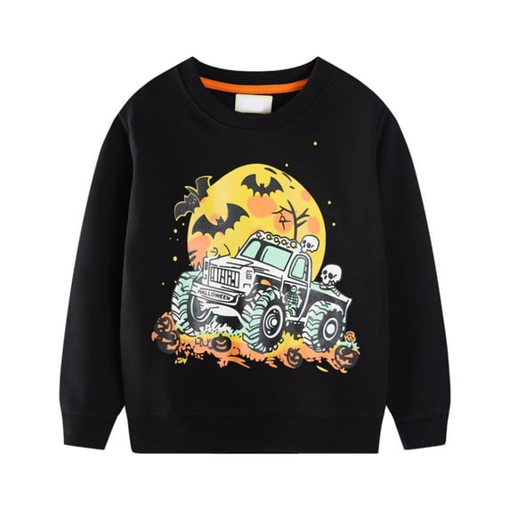Weebloom Halloween Boys Hoodies Sweatshirts Long Sleeve Sweatshirt With Bat Truck Print Casual Pullover Kids Comfortable Fall Winter Clothing Lovely 4-5 Years Black