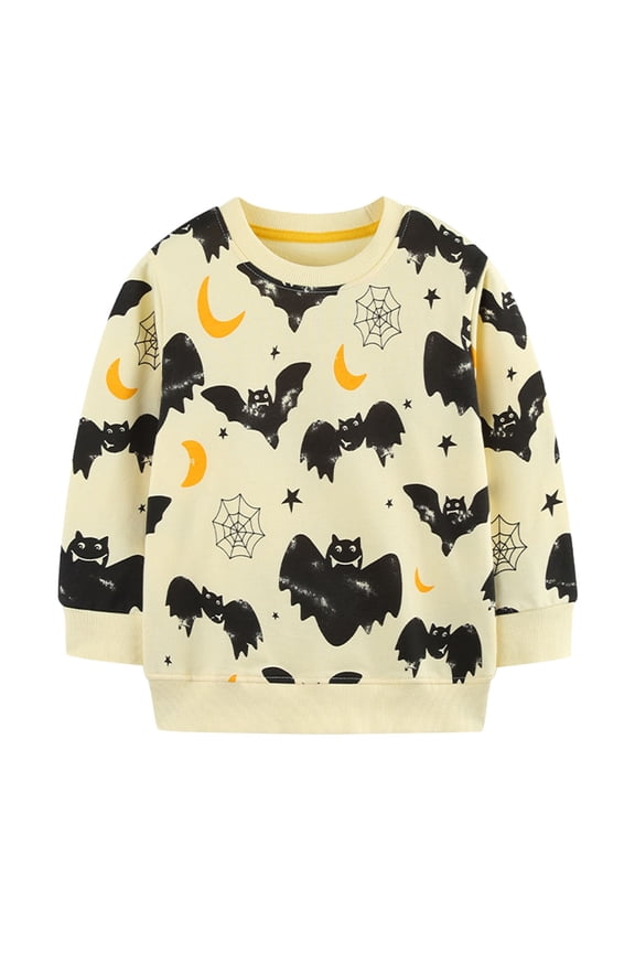 Halloween Boys Sweatshirts Hoodies Fall Winter Cartoon Print Long Sleeve Kids Activewear Casual Pullover Sweater Lovely 3-4 Years Beige