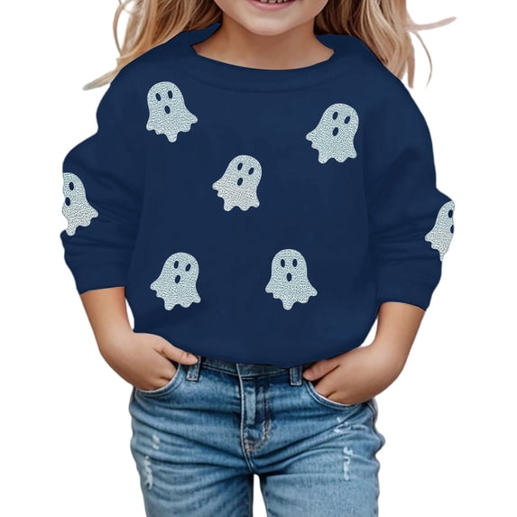 Weebloom Halloween Crew Neck Sweatshirts Cute Ghost Graphic Pullover Fall Winter Season Tops Boy Girl Party Sweatshirt Navy