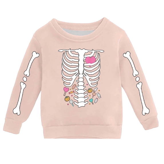 Weebloom Halloween Crew Neck Sweatshirts Skeleton Pullover Autumn Winter Tops Boy Girl Party Sweatshirt Pink