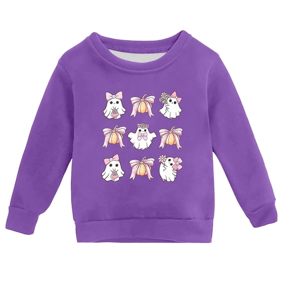 Weebloom Halloween Crewneck Sweatshirts Kids Cute Bow Ghost Pullover Fall Winter Season Tops Boys Girls Holiday Sweatshirts Purple