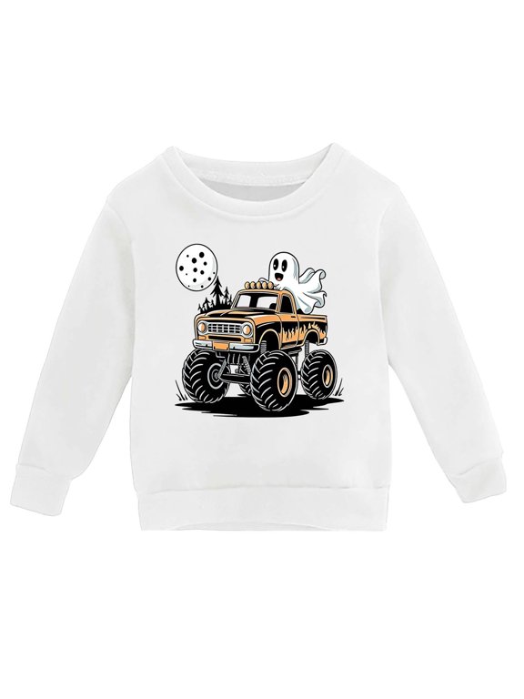 Halloween Crewneck Sweatshirts Kids Ghost Car Graphic Pullover Fall Winter Season Tops Boy Girl Party Sweatshirts White