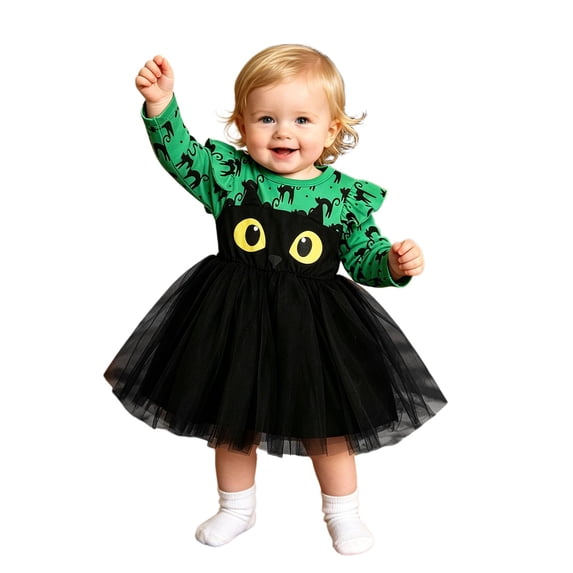 Weebloom Halloween Dress For Baby Girls Tutu Cat Dress Up Party Long Sleeve Stage Performance Outfit Clothes Girls' Dresses Green 12-18 Months
