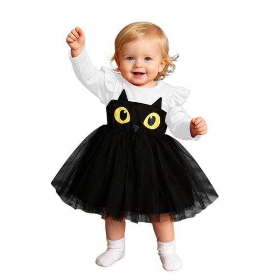 Weebloom Halloween Dress For Baby Girls Tutu Cat Dress Up Stage Performance Long Sleeve Party Outfit Clothes Girls' Dresses White 18-24 Months