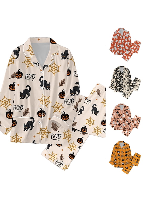 Halloween Fall Winter Pajamas For Women Pumpkin Pajamas Holiday Pajamas Classic Button Down Long Sleeve Satin Pajama Set Sleepwear Nightwear Pjs Loungewear Beige L