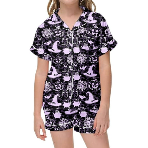 Weebloom Halloween Girls Pajama Set Hallowmas Print Short Sleeve Lapel Top and Pants Comfy Casual Home Outfit Age 3-13 Years Girl Pajamas 4-5 Years