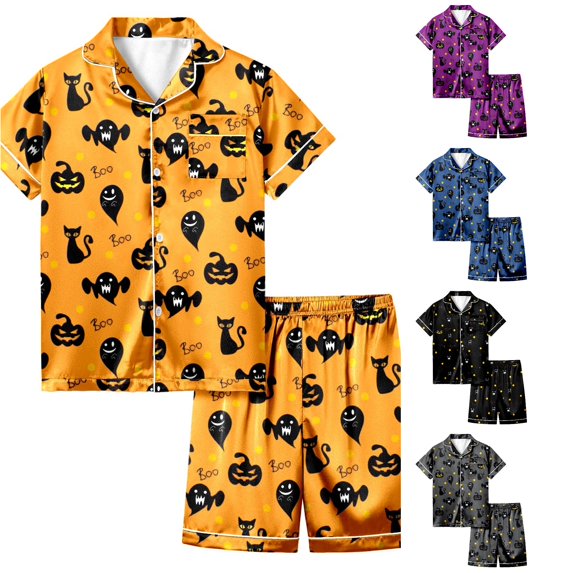 Weebloom Halloween Kids Girl Pajamas Cute Pumpkin Outfits 2 Piece Set Short Sleeve Button Down Shirt And Shorts Casual Elastic Waist Sleepwear Nightwear Pjs Loungewear Purple 8-9 Years