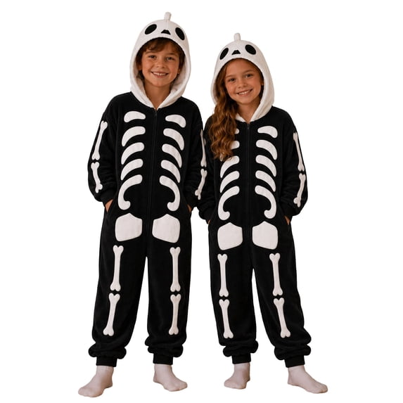 Weebloom Halloween Kids Hooded Onesie Pajamas Flannel Funny Skeleton Romper For Comfortable Role Play Jumpsuit Pjs Loungewear For Boys Girls Black 4-5 Years