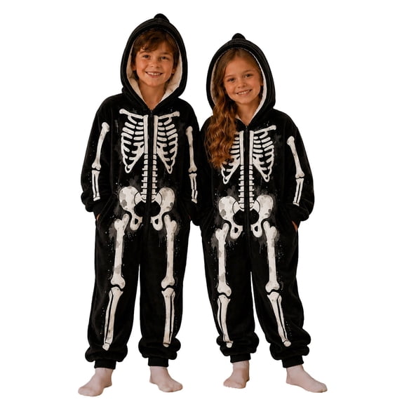 Weebloom Halloween Kids Hooded Onesie Pajamas Flannel Unisex Funny Skeleton Romper For Cozy One Role Play Jumpsuit Pjs Loungewear For Boys Girls Black 4-5 Years