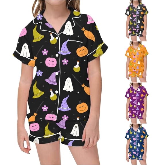 Weebloom Halloween Kids Pajamas Girls Cute Ghost Soft Satin Pajamas Short Sleeve Button Down Shirt And Shorts Cute Printed For Holiday Party Sleepwear Nightwear Pjs Loungewear 8-9 Years