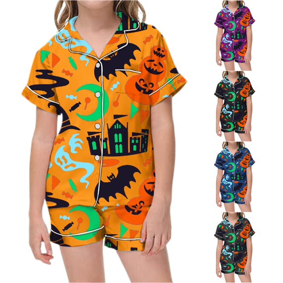 Weebloom Halloween Kids Pajamas Little Girls Cute Pumpkin Pajamas Set Soft Printed Kids Short Sleeve Button Down Shirt And Shorts Sleepwear Nightwear Pjs Loungewear Orange 6-7 Years