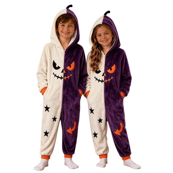 Weebloom Halloween Kids Pumpkin Hooded Onesie Pajamas Flannel Adorable Romper For Funny Cozy Jumpsuit Role Play Outfit Pjs Loungewear For Boys Girls Dark Purple 4-5 Years