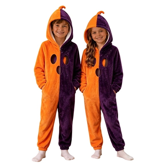 Weebloom Halloween Kids Pumpkin Hooded Onesie Pajamas Flannel Funny Romper For Cozy Jumpsuit For Holiday Dress Up Role Play Outfits Pjs Loungewear For Boys Girls Orange 4-5 Years