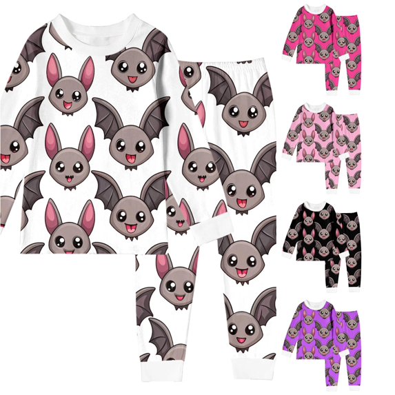 Weebloom Halloween Little Girl Pajamas Cute Bat Boys Pajama Set Long Sleeve Sleepwear Nightwear Pjs Loungewear White 6Y