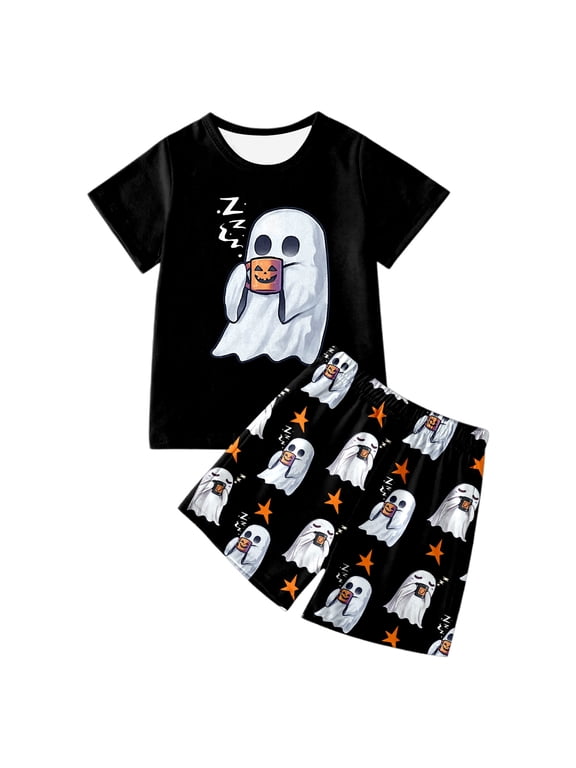 Halloween Little Girl Pajamas Ghost Short Sleeve Shirt And Shorts Cute Toddler Outfit Pumpkin Print Sleepwear Nightwear Pjs Loungewear Black 6-7 Years