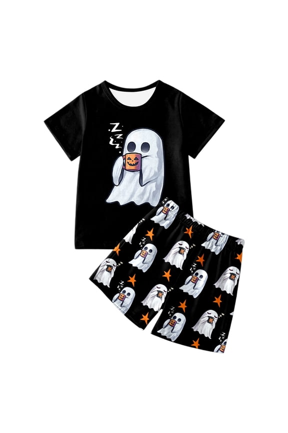 Halloween Little Girl Pajamas Ghost Short Sleeve Shirt And Shorts Cute Toddler Outfit Pumpkin Print Sleepwear Nightwear Pjs Loungewear Black 6-7 Years
