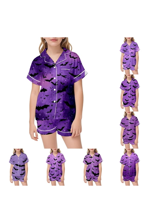 Halloween Little Girls Summer Pajamas Cute Bat Print Soft Kids Short Sleeve Button Down Shirt And Shorts Two Piece Outfit Sleepwear Nightwear Pjs Loungewear Purple 6-7 Years