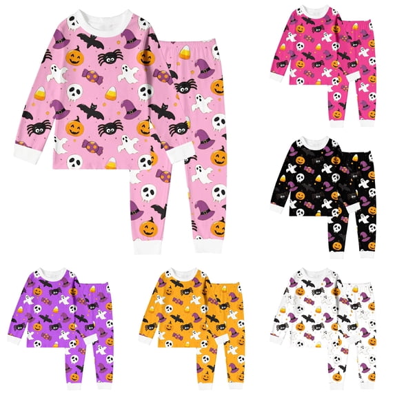 Weebloom Halloween Little Girls Winter Pajamas Cute Pumpkin Bat Boys Pajama Set Long Sleeve Sleepwear Nightwear Pjs Loungewear Pink 5Y