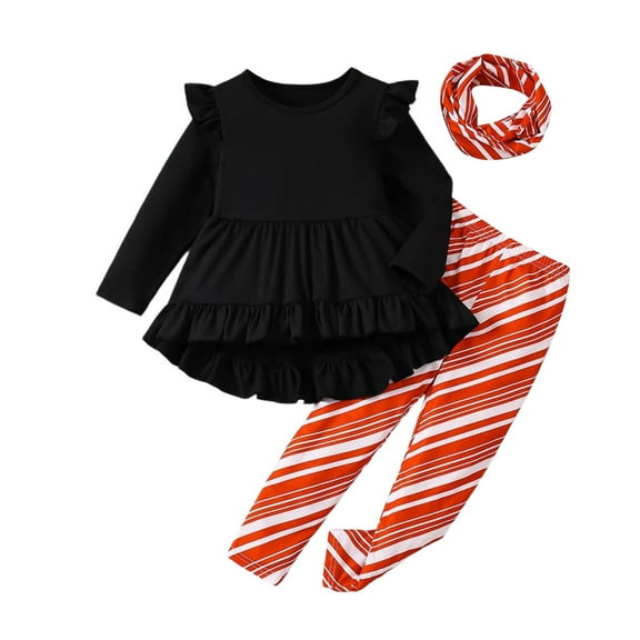 Weebloom Halloween Outfits For Girls Winter Sets Solid Color Sleeveless Top With Striped Pants Hair Accessories Autumn Clothes Funny Girl Outfit Orange