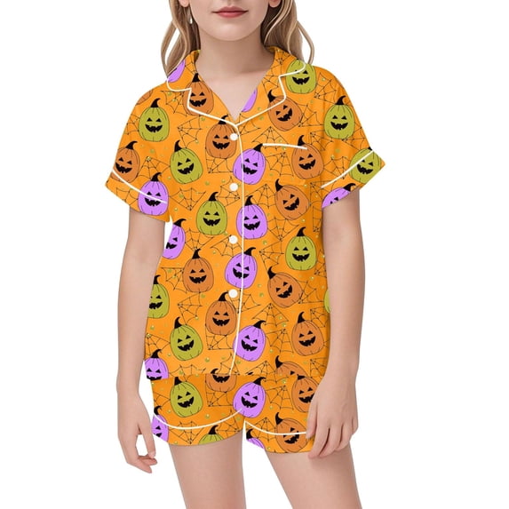 Weebloom Halloween Pajama Set For Little Girl Silk Satin Pumpkin Short Sleeve Button Up Shirts And Shorts Summer Fall 2 Piece Set Pjs Loungewear